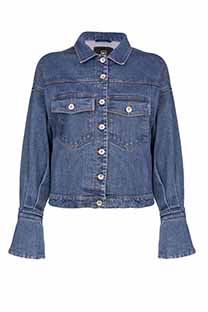 Ženska teksas jakna sa zvonastim rukavima i ukrasnim cvetom Tiffany Production