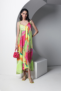 Lepršava midi haljina u neon dezenu s bretelama Tiffany Production