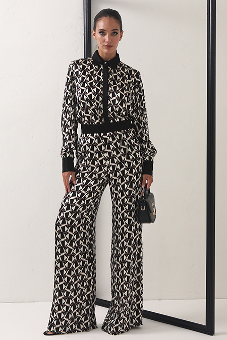 Ženske pantalone širokih nogavica u dezenu sa kontrasnim pojasom Tiffany Production