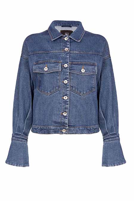 Ženska teksas jakna sa zvonastim rukavima i ukrasnim cvetom Tiffany Production