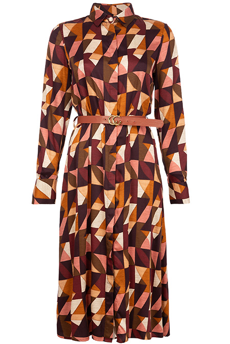 Ženska haljina dugih rukava u dezenu sa kontrastnim kaišem Tiffany Production