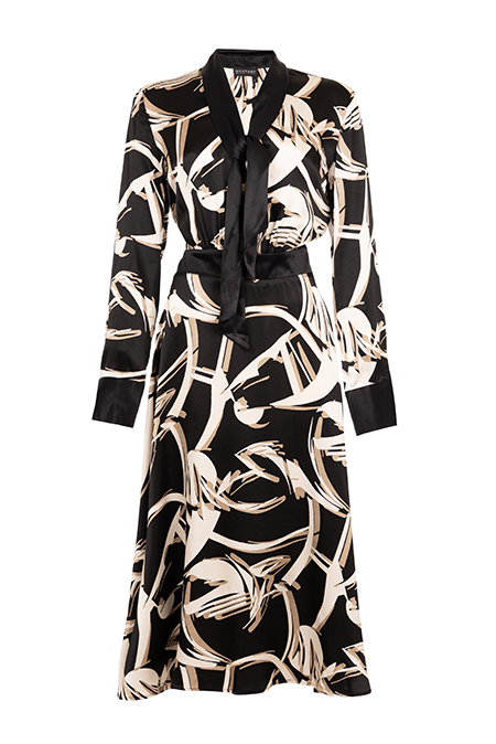 Tiffany Production Midi haljina dugih rukava sa kontrastnom kragnom i naglašenim strukom