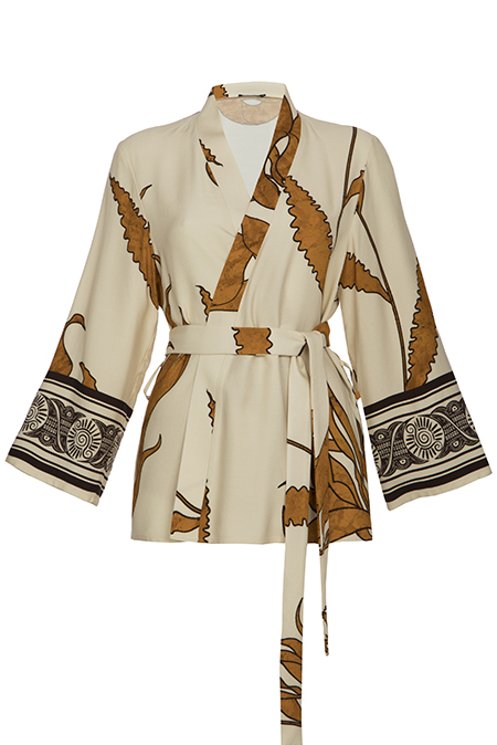 Kimono bluza dugih rukava sa pojasom komplementarnog dezena Tiffany Production