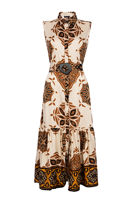 Midi haljina bez rukava sa pojasem komplementarnog dezena Tiffany Production
