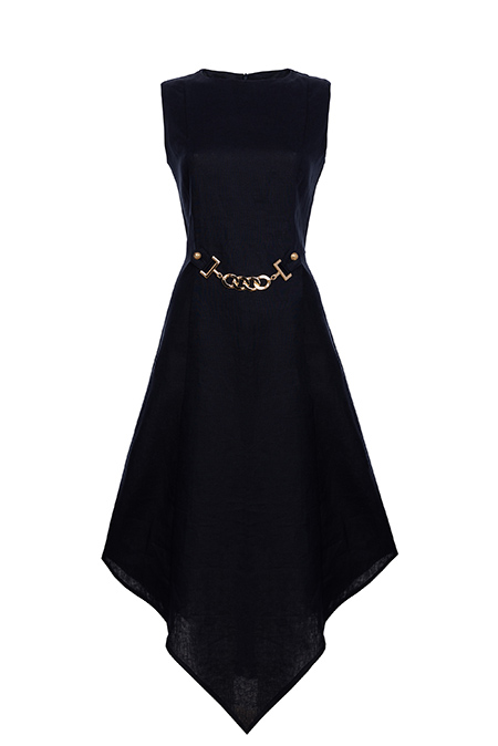 Midi haljina bez rukava sa asimetričnim donjim rubom i ukrasnom šnalom Tiffany Production